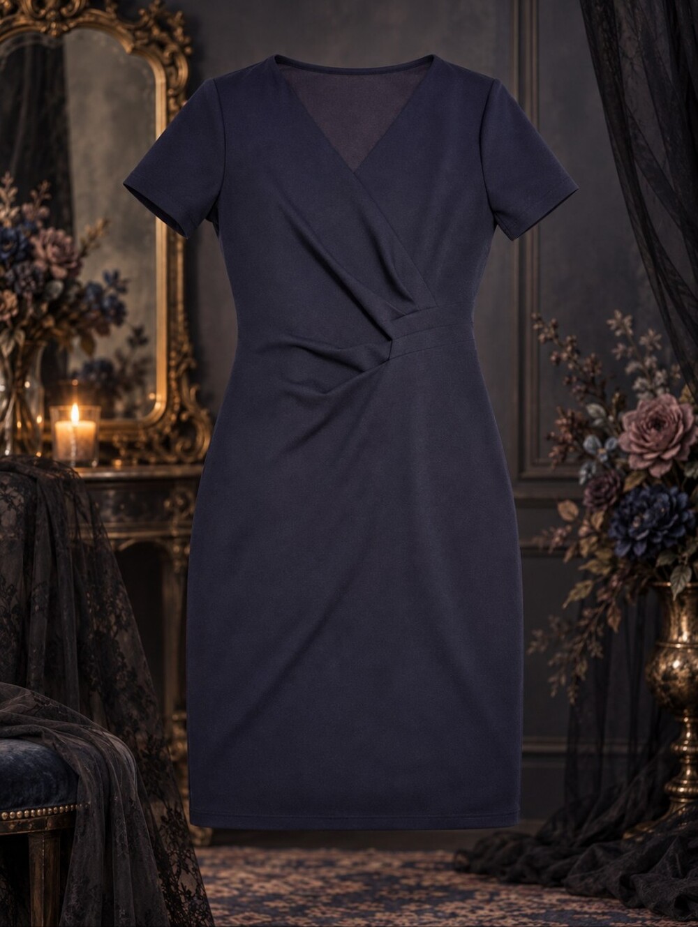 🕯Simply Styled Navy Faux Wrap Dress Size L Ruched Waist V-Neck Sheath Midi